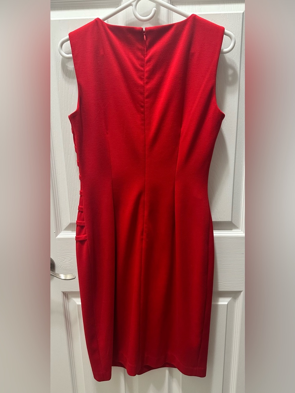 Calvin Klein Red One-Shoulder-Inspired Sheath Dress with Diagonal Pleats - Picture 3 of 3